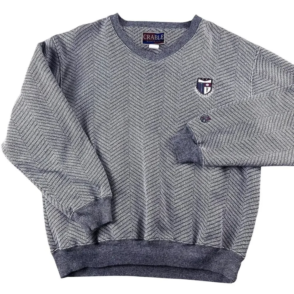 Vintage 1980’s Geometric Adult Large Knit Pullover Sweater Embroidered Golf Gray